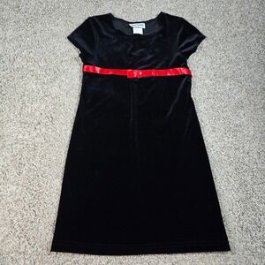 Just Sarah Vintage Girls Dress Size 14 Black Velvet Red Ribbon Holiday Christmas